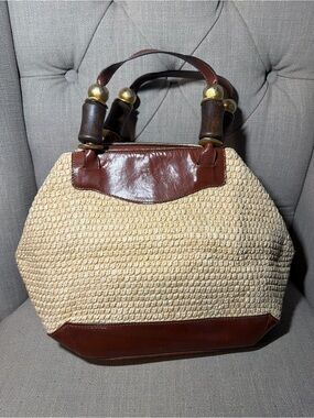 Vintage Carla Marchi Woven Raffia L& Leather Bag With Wooden Handle Italy